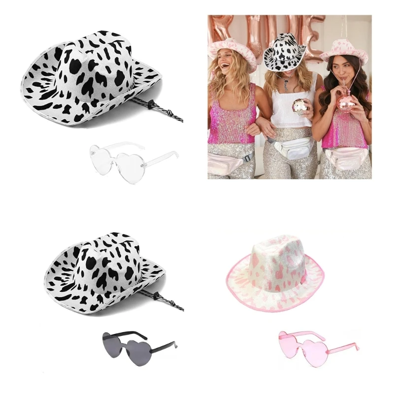 Summer Cow Print Cowgirl Hat with Sunproof Heart Sunglasses Set for Wedding DXAA