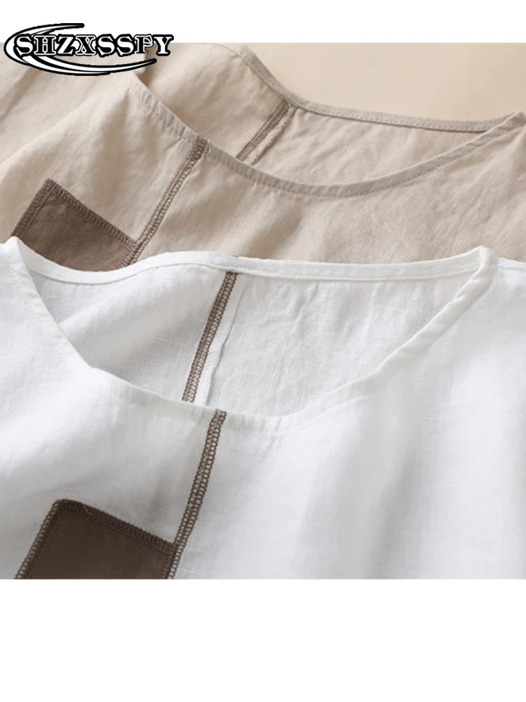 Футболка женская хлопково-льняная с круглым вырезом свободная повседневная