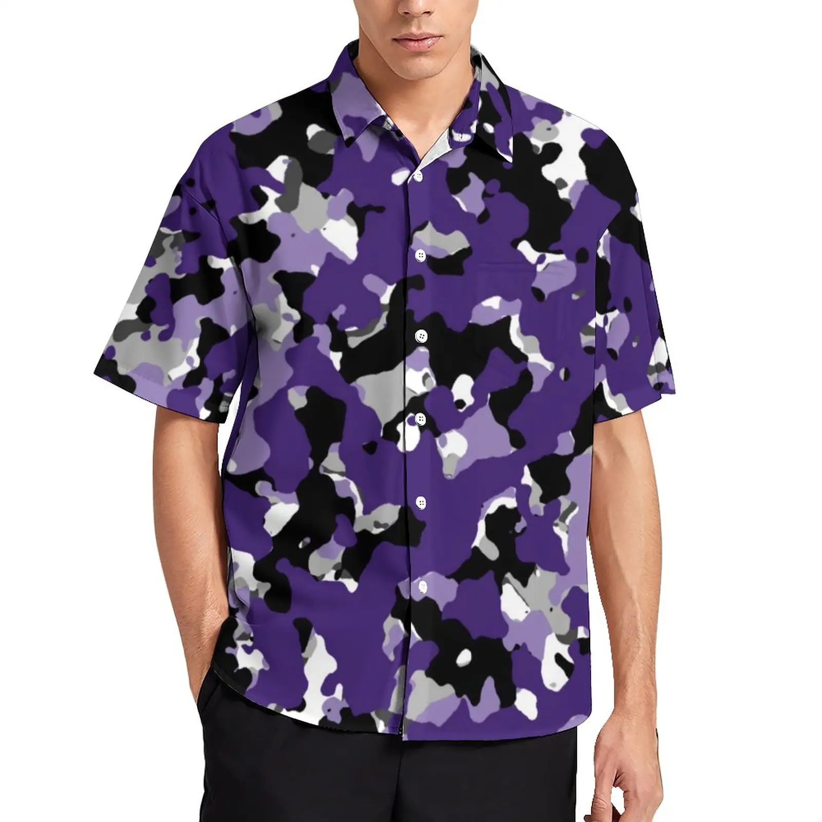 

Гавайская рубашка мужская с коротким рукавом, Повседневная Блузка с разноцветным камуфляжным принтом, в стиле оверсайз, фиолетового и черн...