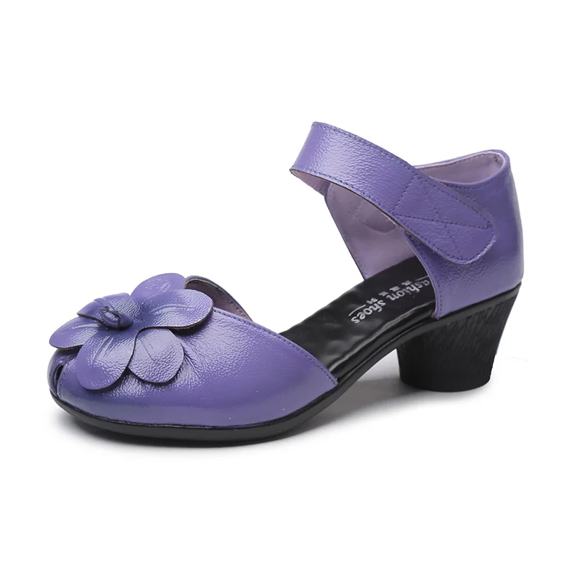 Elegant Floral Sandals Women 2023 Luxury Purple Leather Heels Shoes Caual Peep Toe Sandales Femme Mom Designer Mary Janes Sandal