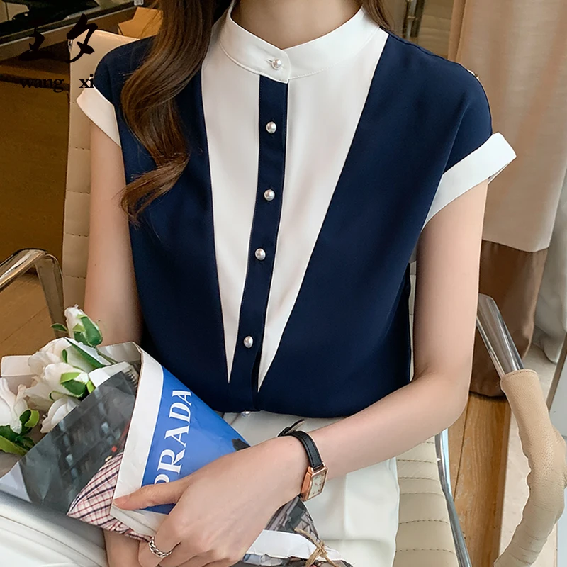 

XIAOMI Summer Blouse Women Short Sleeve Stand Collar Chiffon Blouse Shirt Tops Women Blusas Mujer De Moda Blouses Shirts