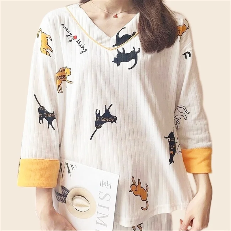 Women's Pajamas Set Cartoon Short Sleeve T-shirt Long Pants 2Piece/Set Summer Casual Pyjama Big Size Mom Cozy Cute Homewear