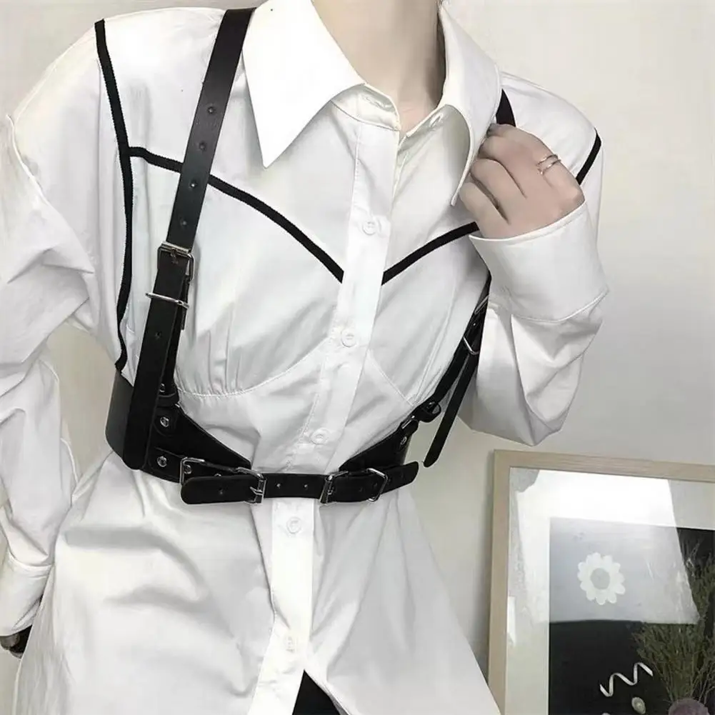 

Women Cincher Adjustable Punk Style Pin Buckle Double Straps Elastic Decorate Fashion Sexy Faux Leather Body Harness Belt