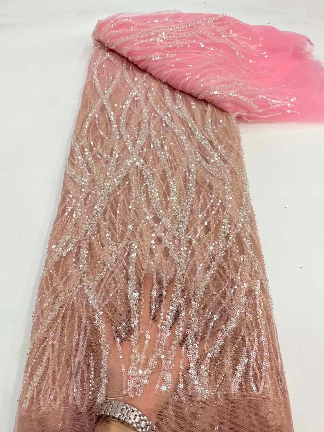 

African Pink Gorgeous Beaded 5 Yard Lace Fabric Nigerian Handmade Sequins Embroiderey Mesh Lace Fabric For Women Prom Dress Sew