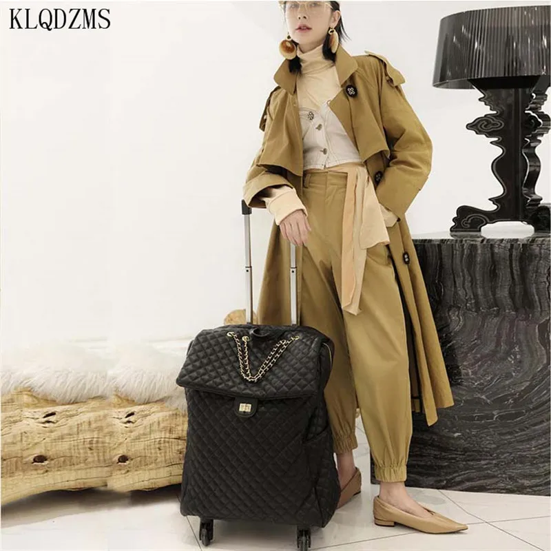 KLQDZMS New Product Diamond Bag Suitcase Portable Universal Wheel Pull Rod PU Leather Bag 18