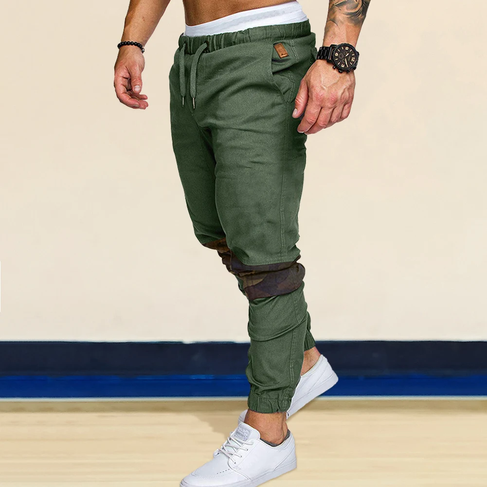 

Casual Male Long Pants Men Lace-up Daily Elastic Middle Waist Sweatpants Camouflage Patchwork Drawstring Pants Sportswear