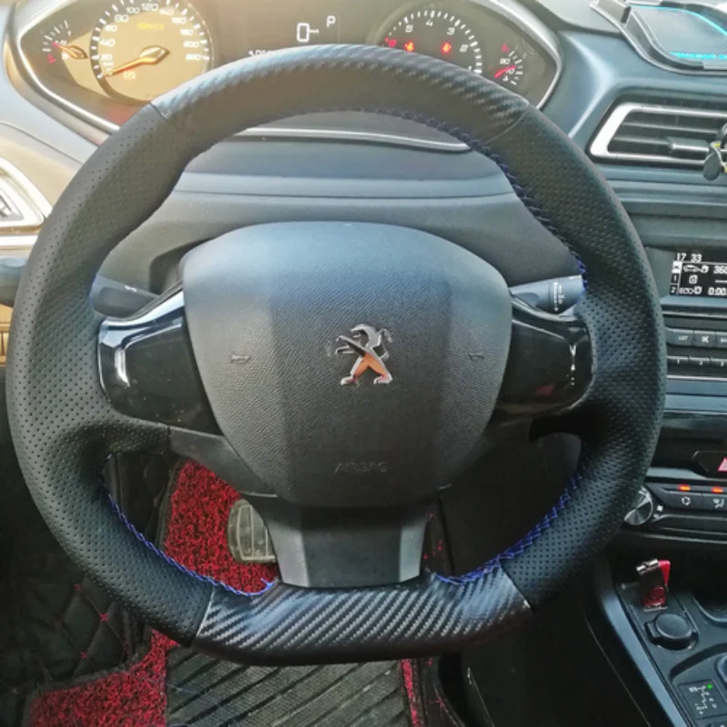 

For Peugeot 308 Series DIY Hand-Stitched Leather Suede Carbon Fibre Car Steering Wheel Cover Interior Accessories