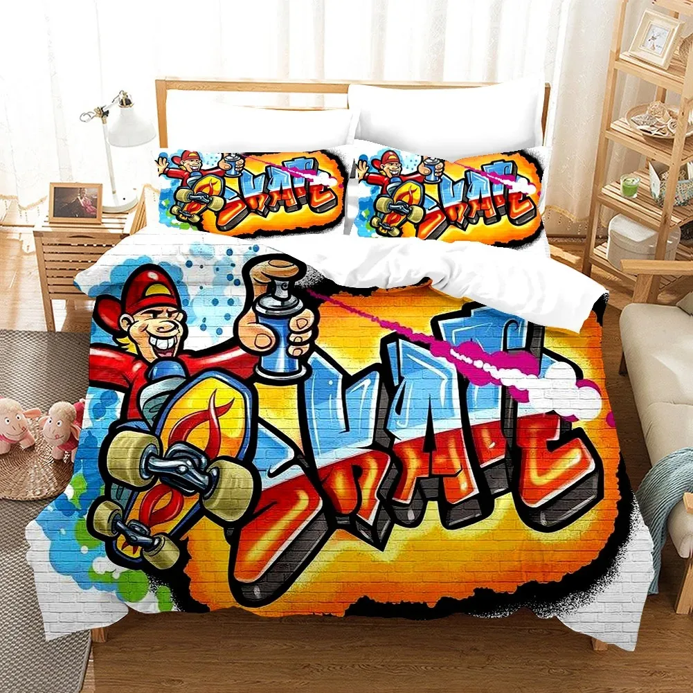 Cartoon Style Hip-Hop Graffiti 3D Printed Duvet Cover Pillowcase Bedding Set Teenagers Bedroom Decor Bed Kit，Single_Queen Size
