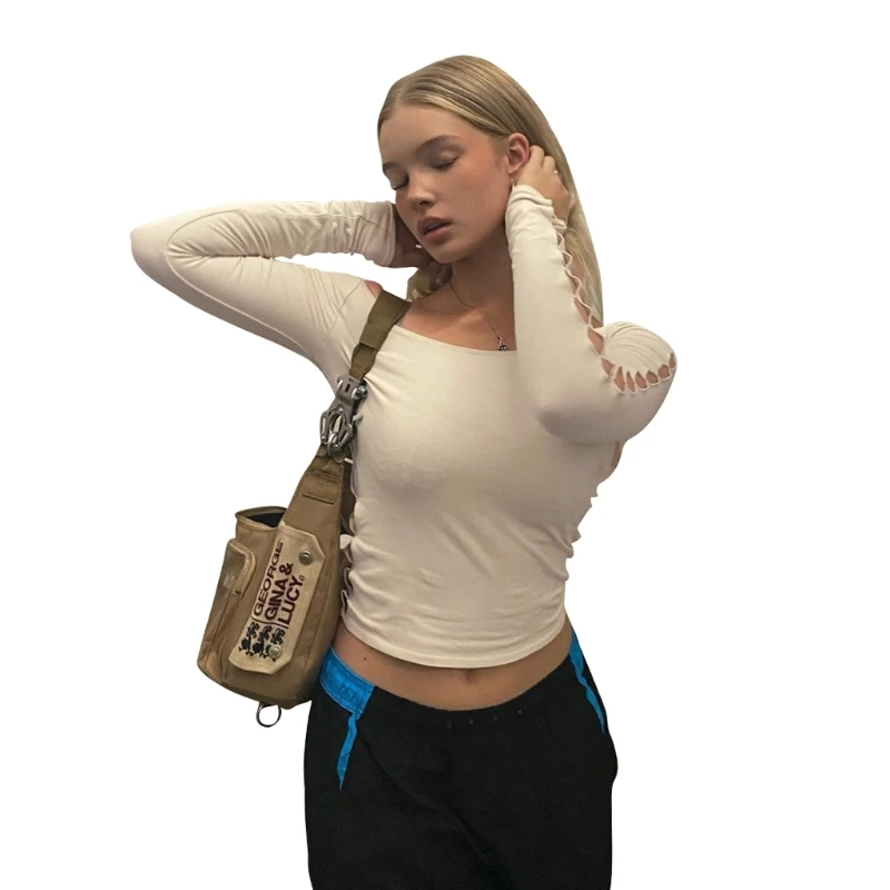 

Women Casual T-shirts Solid Color Long Sleeve Hot Girls Off Shoulder Crop Top Street Basic All-match Street Pullover Top T8NB