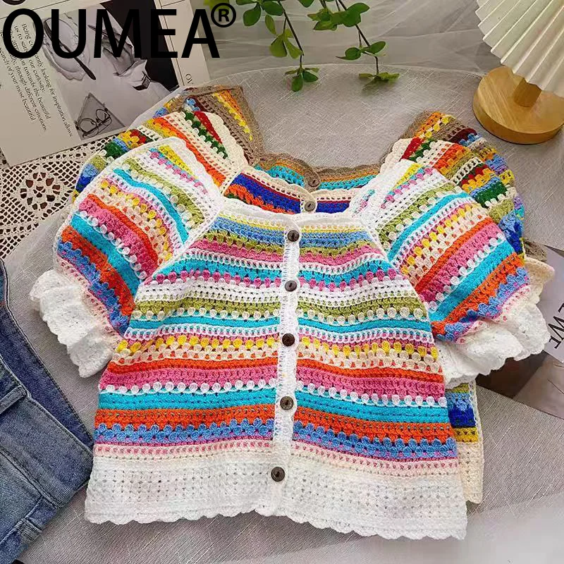 OUMEA женские радужные вязаные крючком блузки с квадратным вырезом спереди