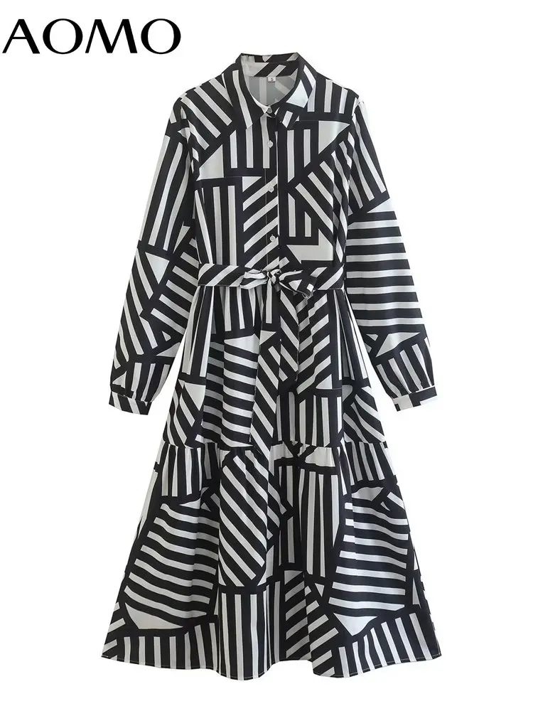 

AOMO 2022 New Women Geometry Print Shirt Dress with Slash Vintage Long Sleeve Office Ladies Midi Dress 2W3A