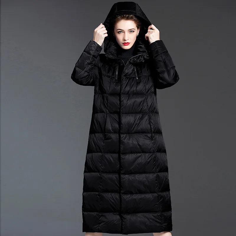 Down Jacket Women's Winter Warm Extra Long Down Jacket Black Brand Quality White Duck Down Coat