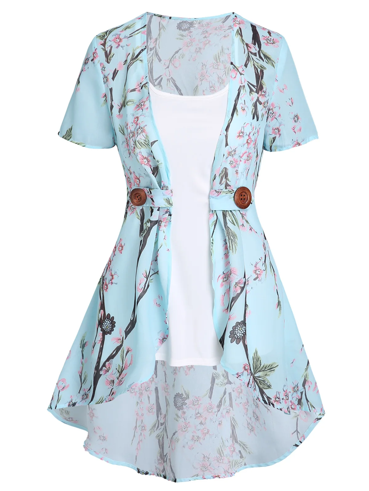 

2022 Spring New Asymmetric Twinset Peach Blossom Print Irregular Blouse And Camisole Set Fashion Female Short Sleeve Chic Shirt
