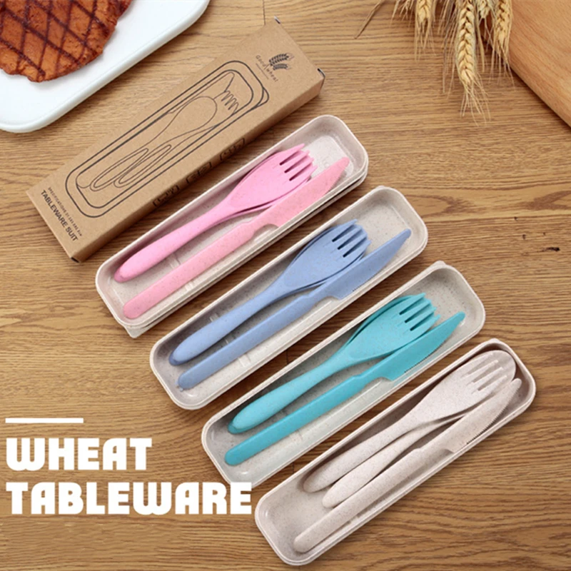 

3PCS/Set Cutlery Spoon Fork Steak Knife Wheat Straw Dinnerware Portable Travel Lunch Tableware Box Dinner Kitchen Accessories