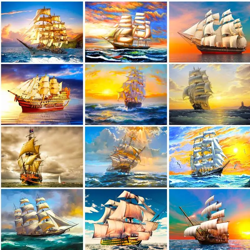 

PhotoCustom Diamond Embroidery Boat Full Square Drill Scenery Mosaic Painting Cross Stitch Picture Of Rhinestones Wall Stickers