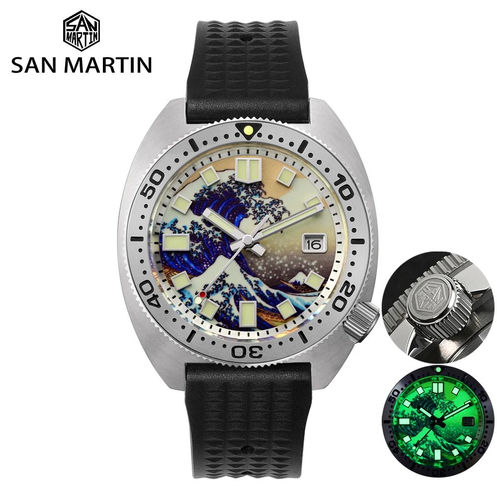 

San Martin 42mm Automatic Mechanical NH35 Diver 3D Printed Green Full Glow Ukiyo-e Style Kanagawa Wave Date Dial Men's Watch