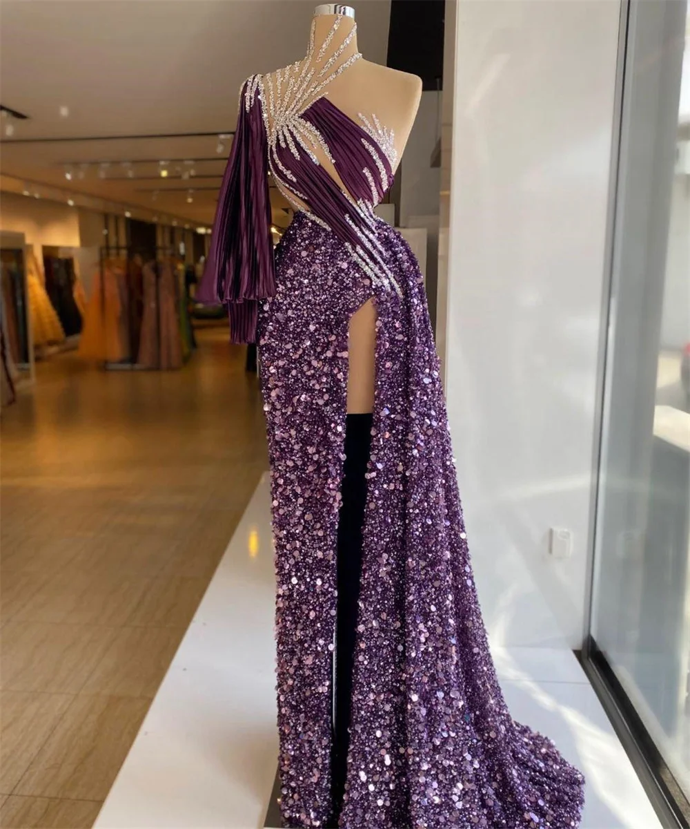 Купи Sparkling Purple Evening Ladies Dresses One Shoulder Front Split Custom Made Crystals Beads Mermaid Real Image Women Prom Gowns за 9,408 рублей в магазине AliExpress