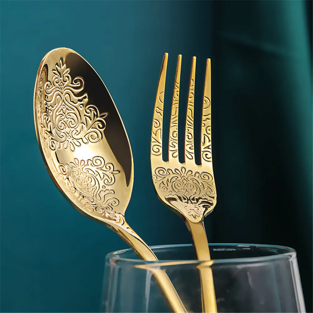 

Kitchen Cutlery Set European Knife Fork Spoon Embossed Western Tableware Retro Stainless Steel Dinnerware Kitchen Accessories