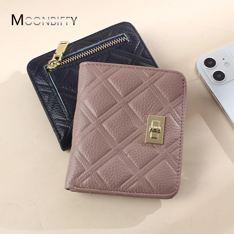 

Head Layer Cowhide Short Ladies Wallet Leather Fashion Rhombus Buckle ID Card Bag Ultra-thin Money Clip Coin Purse