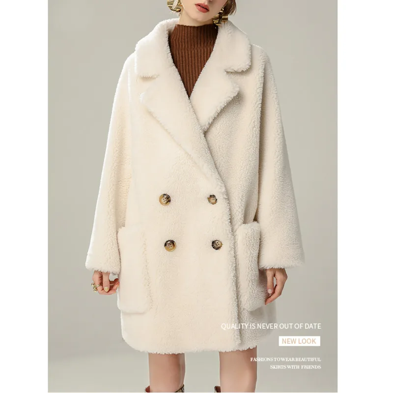 2022 Winter New Women Faux Fur Wool Coat Turn Down Collar Double Breasted Loose Pocket Medium Long Warm Coats Tops