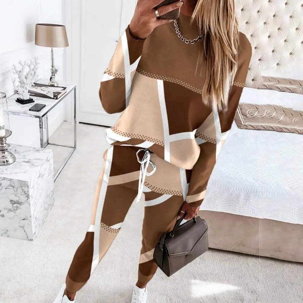

Casual Women Suit Colorblock Women's Sweatshirt Pants Set with Drawstring Waist Round Neck Long Sleeves for Casual Sports