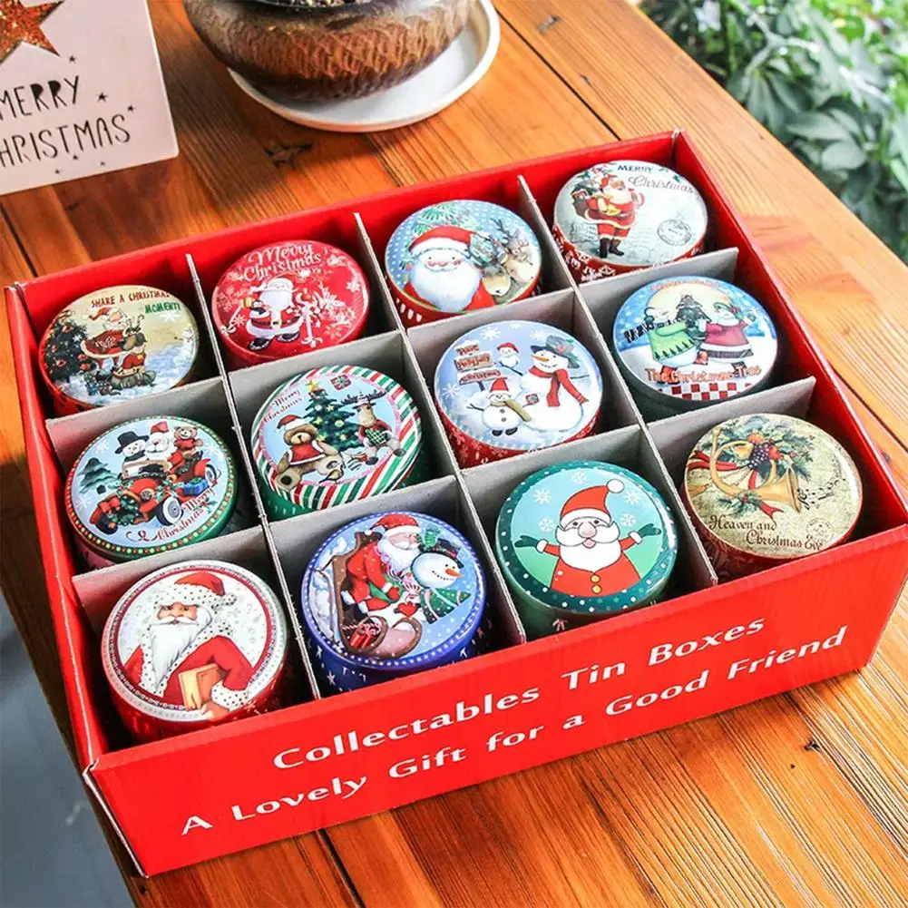 

24pcs/Box Christmas Tin Gift Box Metal Cookie Box Candy Storage Containers Tinplate Gift Box with Lids for Xmas Holiday Supplies