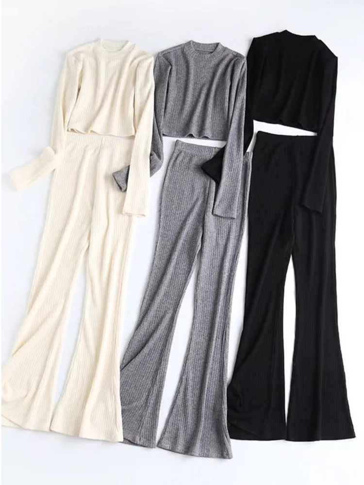 Женский облегающий вязаный свитер с круглым вырезом и трикотажные брюки-клеш