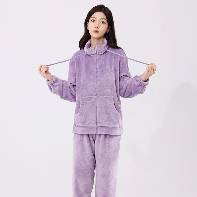 Flannel Men Pajama Pants 2 Pieces/Set Long-sleeve Pijama Suit For Women Solid Casual Loose Homewear Winter Thick Warm Sleepwear