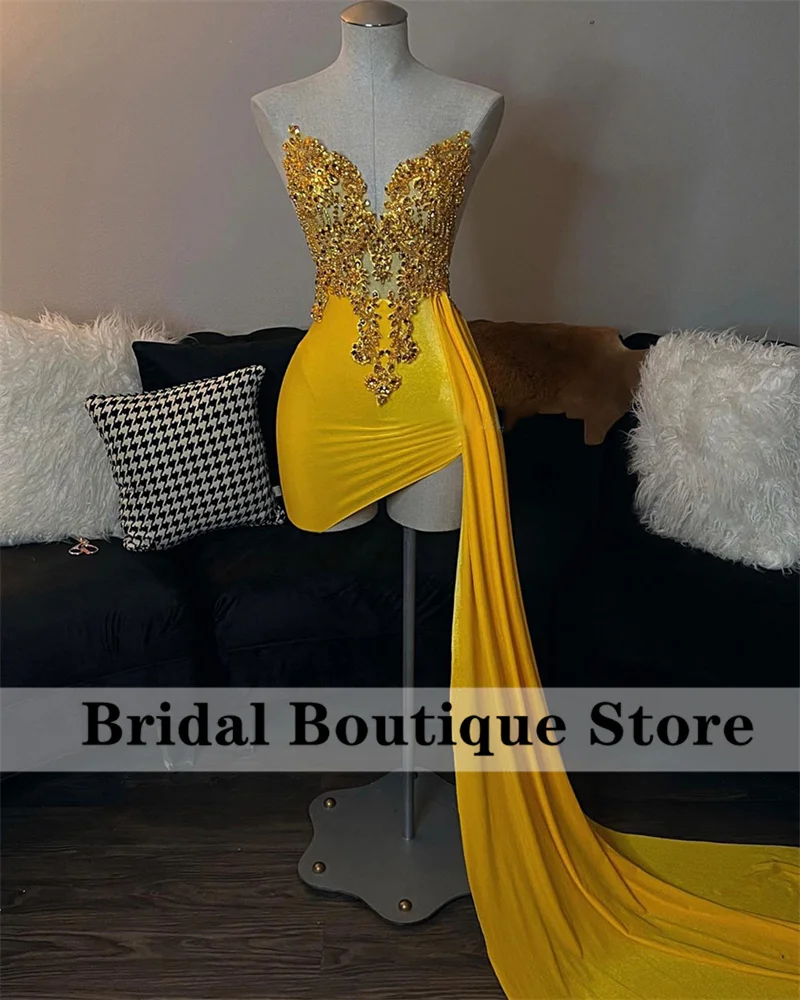

Sexy Yellow Prom Dresses 2023 Crystal Beads Rhinestones Party Gowns Mini Cocktail Graduation Dress Robe De Bal