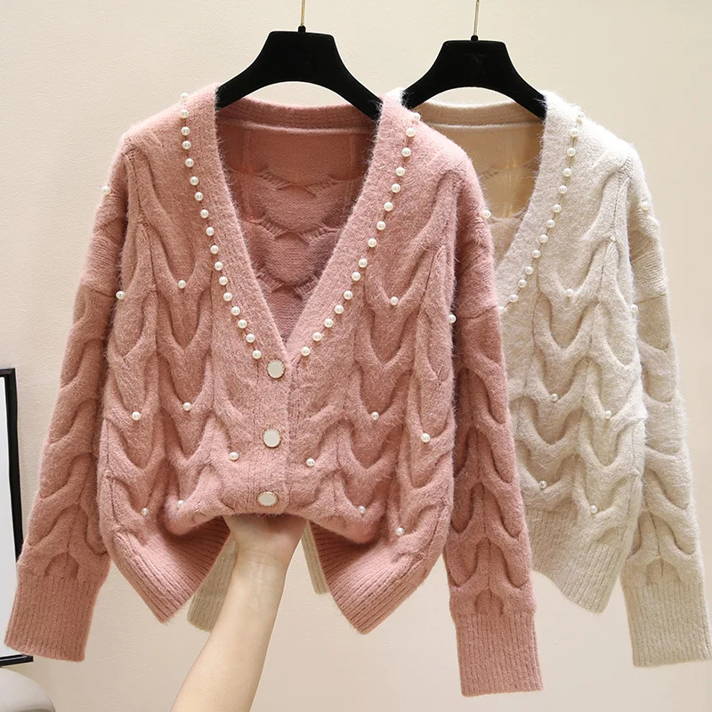 

Women's Sweet V-neck Knitted Cardigan Spring 2022 New Fashion Female Beading Knitted Sweater Beaded Outwear Casual Loose Tops