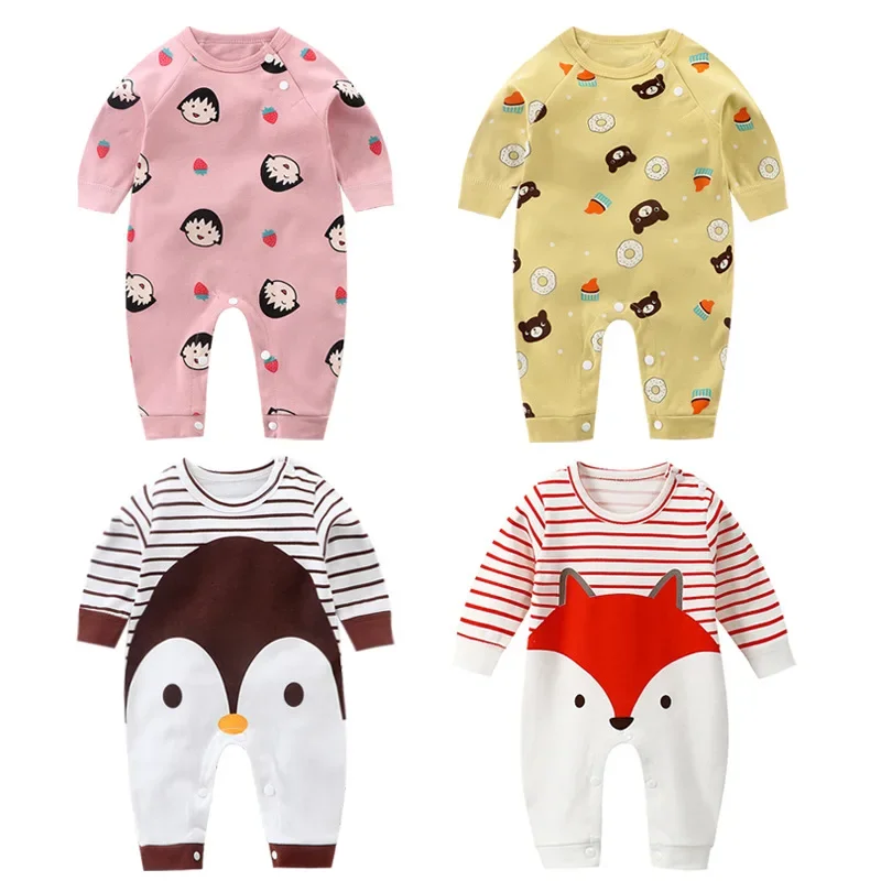 

0-2years Baby Cartoon Cute Pure Cotton Rompers Spring and Autumn Print Full O-neck Long Sleeves Kids Unisex New Style Bodysuit