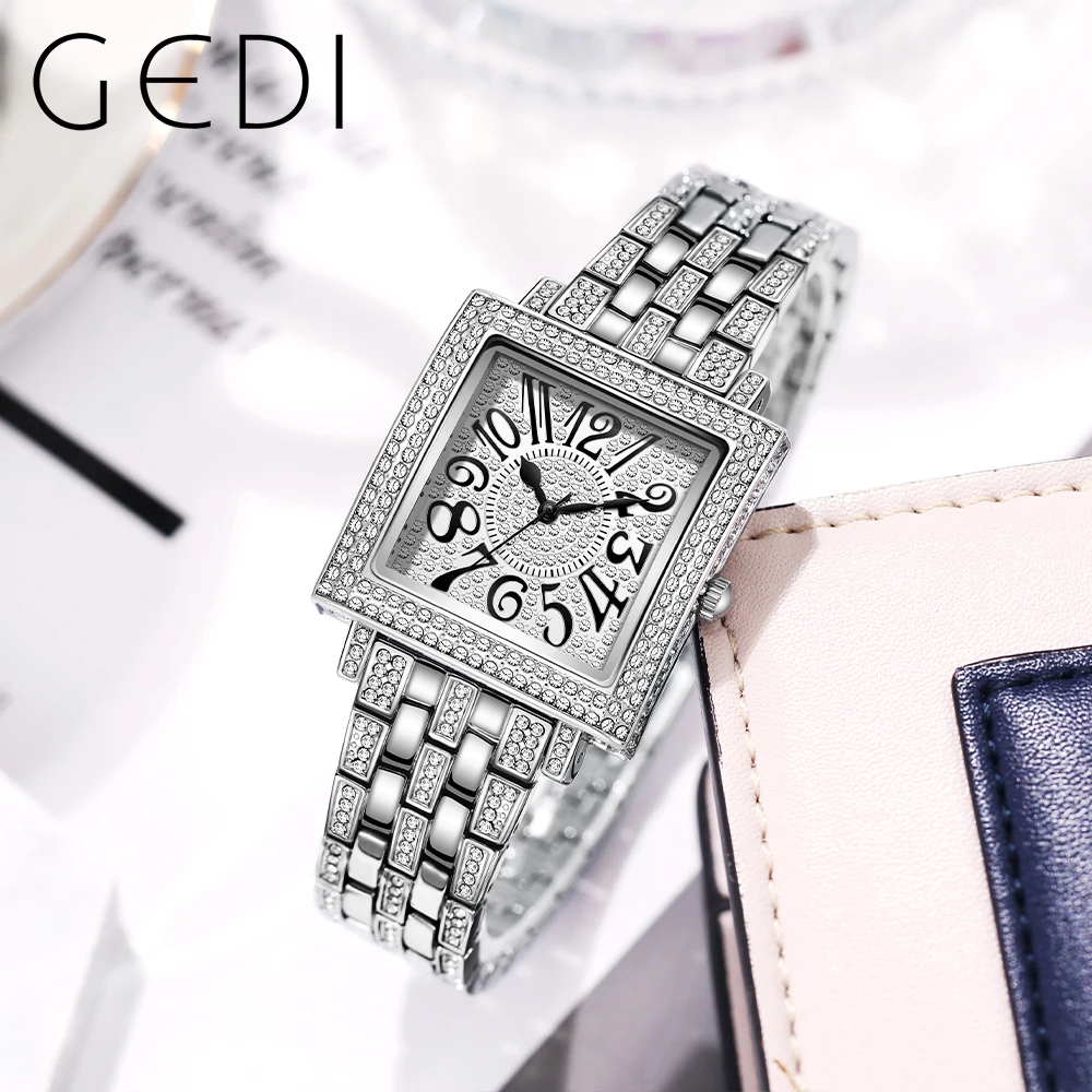 

GEDI Luxury Square Women's Watches Rhinestones 30m Waterproof Stainless Steel Ladies Fashion Wristwatches Casual Woman Watch