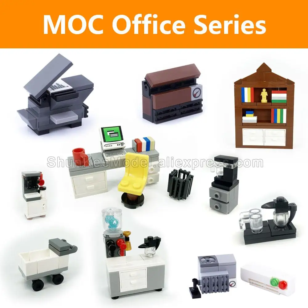 

MOC Blocks Friends House Building Blocks Accessories Compatible City Office Computer Desk Bookshelf Water dispenser Toy For Boy