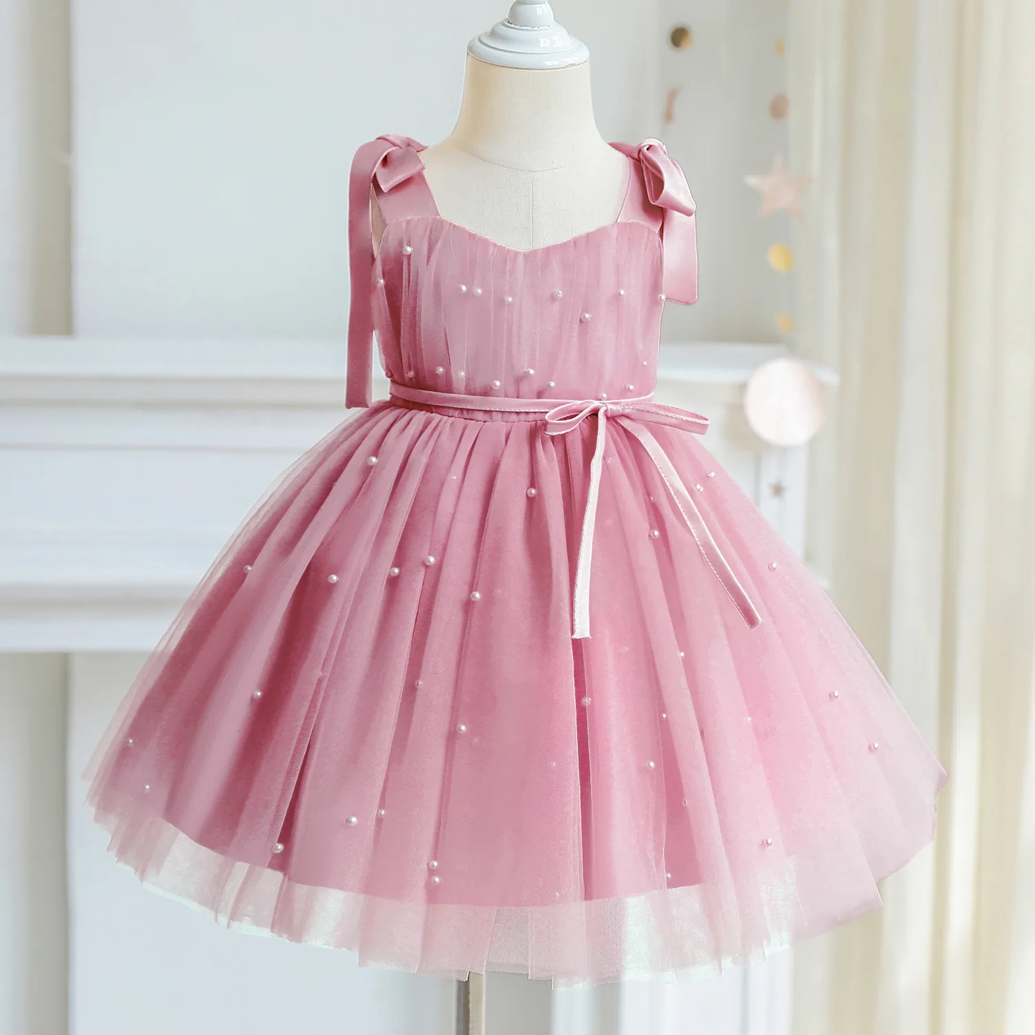 

Birthday Party Dresses for Girls Summer Fashion Sling Ball Gowns Black Mesh Princess Dress Elegant Girls Clothes Kids Pink Dress