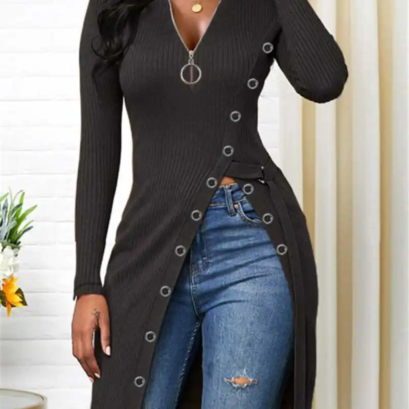 

Fashion Women Solid Color T-Shirts Irregular Design Zipper Decor High Split V-Neck Long Sleeve Spring Autumn Slim Long Top