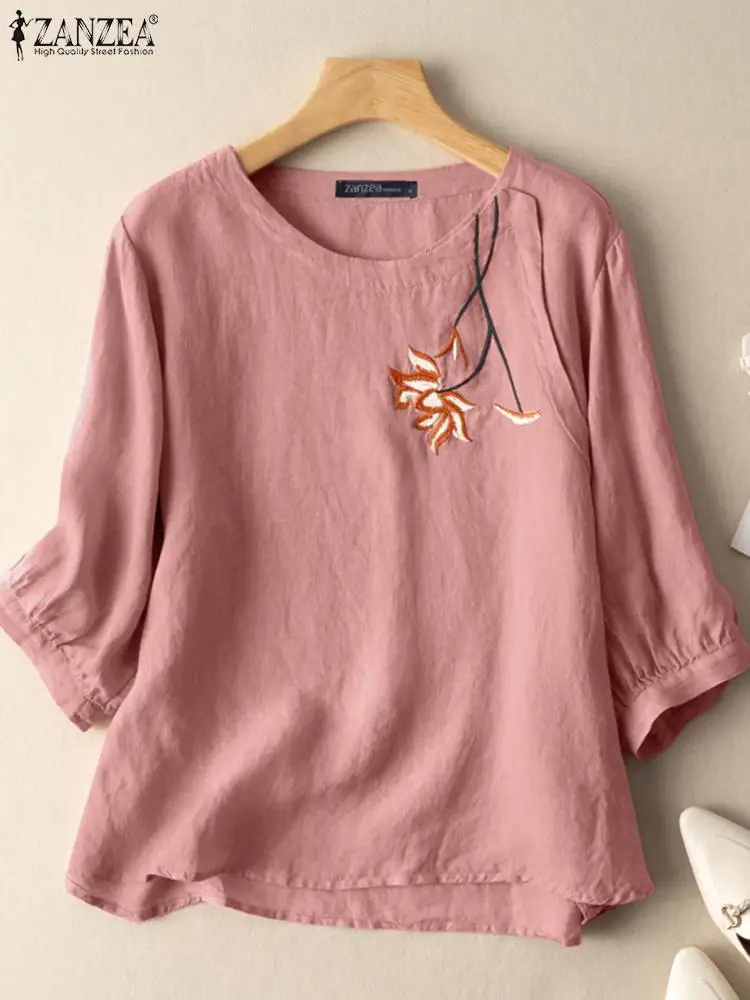 

Женская Весенняя рубашка ZANZEA с рукавом 3/4, хлопковые топы, свободная повседневная винтажная блузка с цветочной вышивкой, Женская праздвечер...