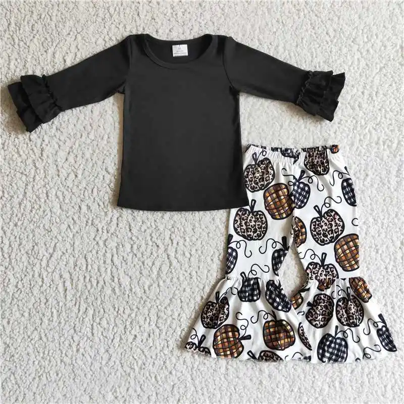 

Baby Girl Clothes Long Sleeve Lace Black Top Pumpkin Print Bell Pants Set Fall Winter Outfits Halloween Costumes Children Clothi