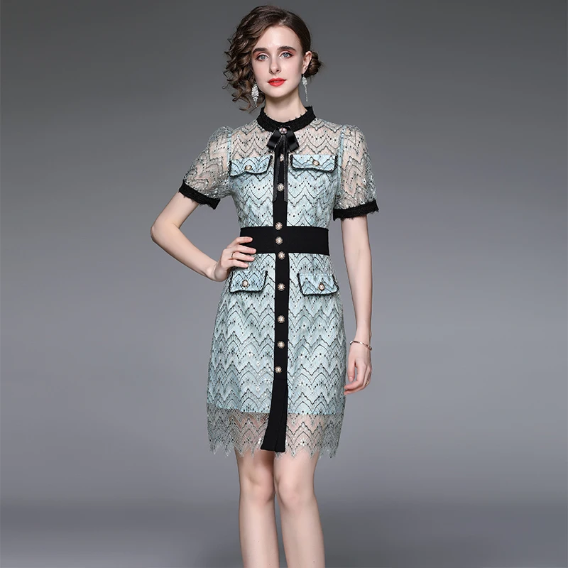 

Runway Summer French Small Fragrance Elegant Luxury Mesh Dress Women's Short Sleeve Lace Single-Breasted Slim Dresses Vestido