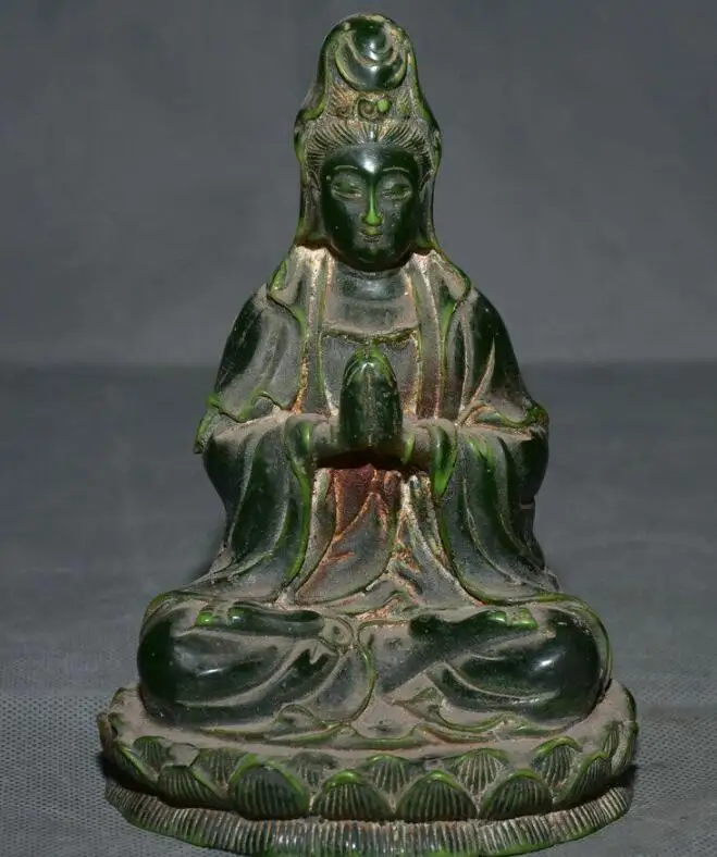 

Статуя богини Гуань Инь Кван Инь, резная из старого китайского натурального зеленого нефрита, 6 дюймов