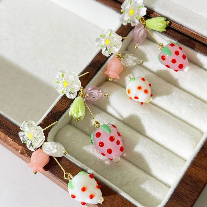 

Minar Kawail 14K Real Gold Plated Brass Pink Color Resin Glass Acrylic Strawberry Flower Heart Long Drop Earrings for Women Girl