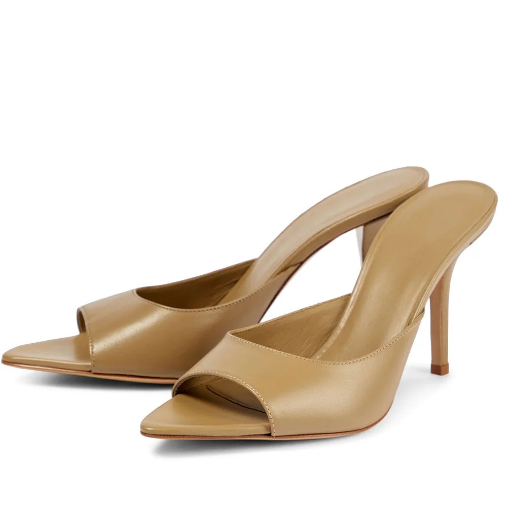 2023 Summer New Women's Pointed Toe High Heel Mules Sandals Brown PU Leather Slippers Ladies Large Size Black White Shoes Slides