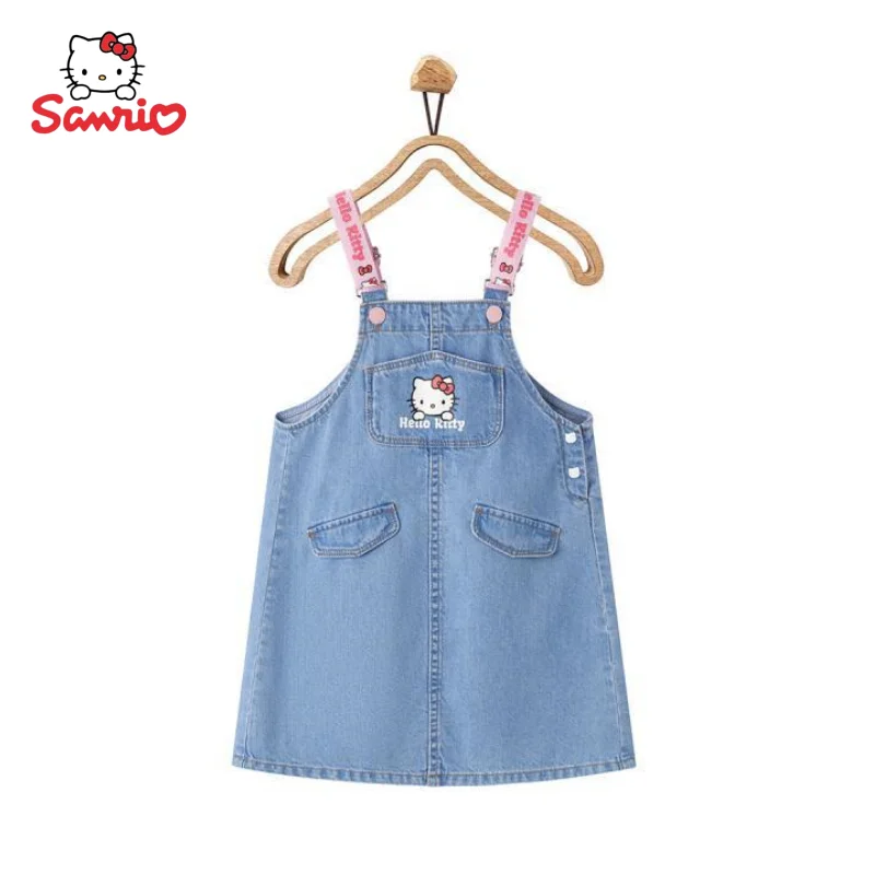 

Hello Kitty anime peripheral kawaii cute cartoon children's short-sleeved T-shirt denim strap skirt creative children's clothing