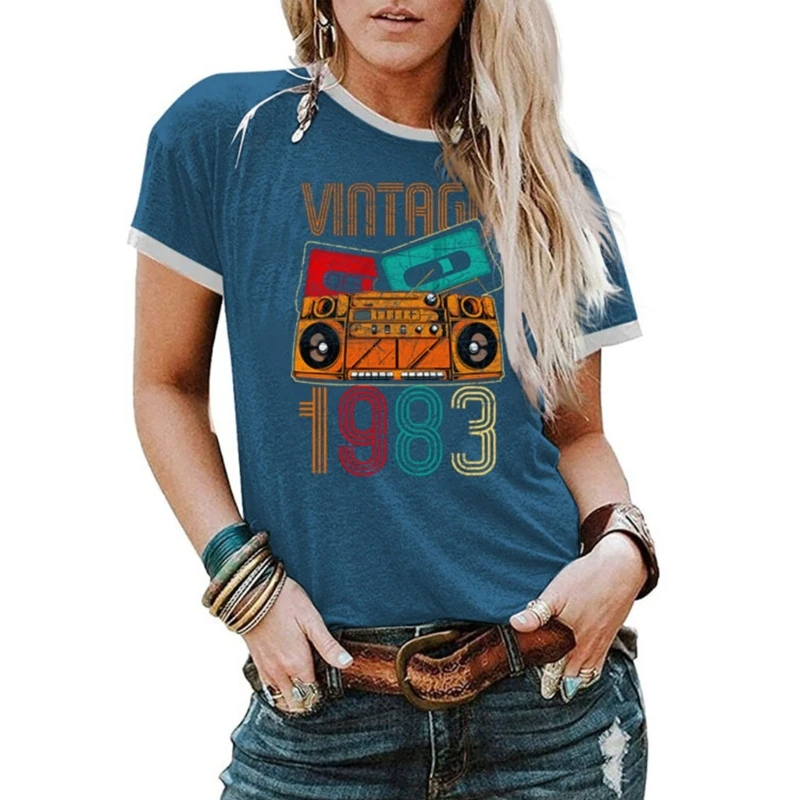 

Women Short Sleeve Funny Birthday T-Shirts Vintage 83 Letter Graphic Blouses Top