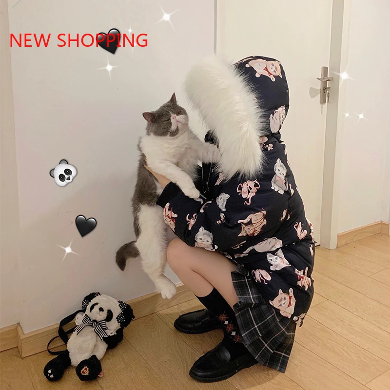 Japanese Sweet Kawaii Cotton Coat Women Winter Plus Velvet Thickening Down Jacket Girl Student Snow Wear Outerwear parkas black