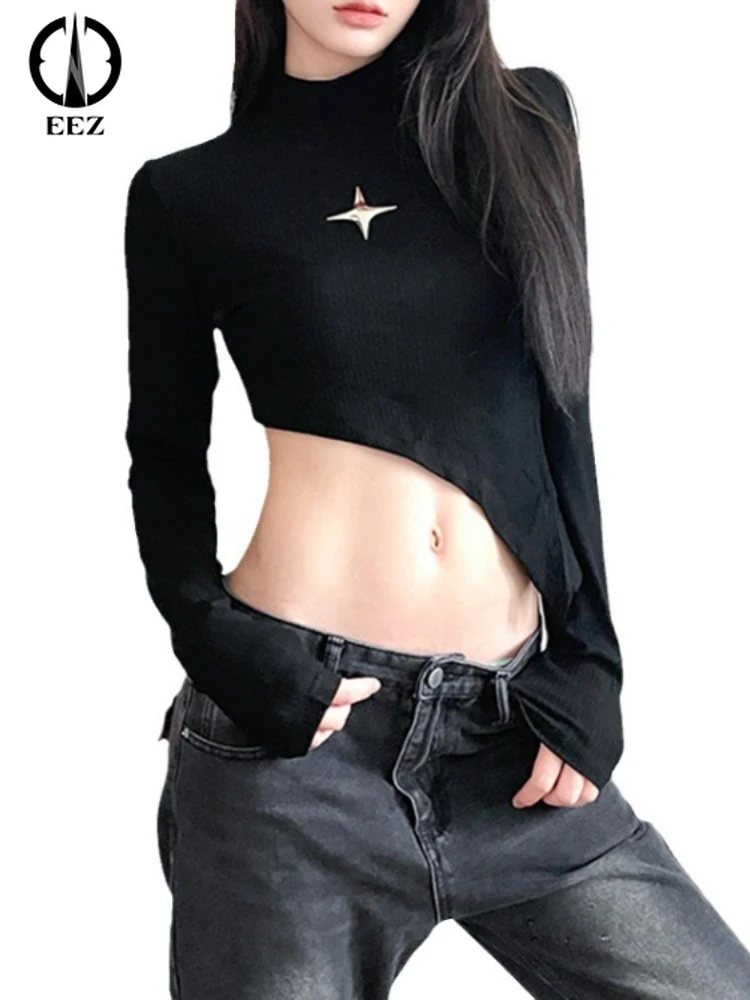 

Vintage Metal Label Irregular Fit Versatile Half Turtleneck Slim T-shirt Women Sexy Black Top 90s Grunge Coquette Streetwear Y2K