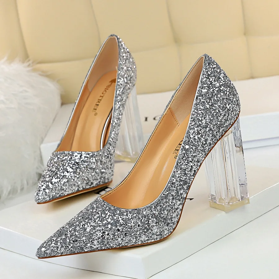 

New Fashion Transparent Crystal Heel Thick Heel High Heel Shallow Mouth Pointed Toe Sexy Nightclub Shining Sequin Shoes