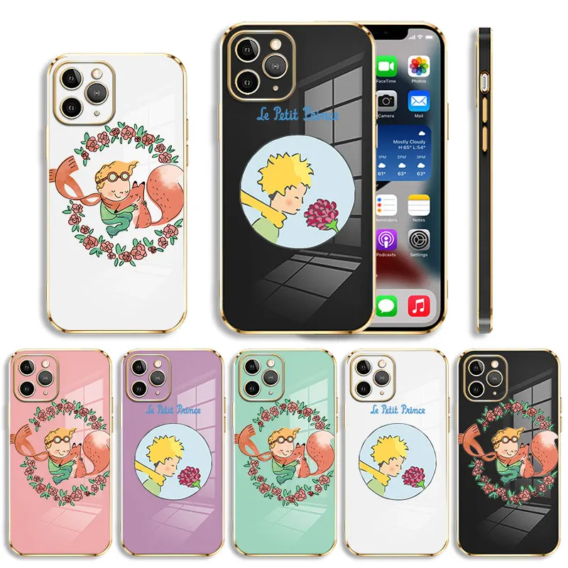 

Plating Phone Case For iPhone 14 13 12 11 Pro Max Mini X XR XS Max 7 8 6 6s Plus SE Shell The Little Prince Flower Fox