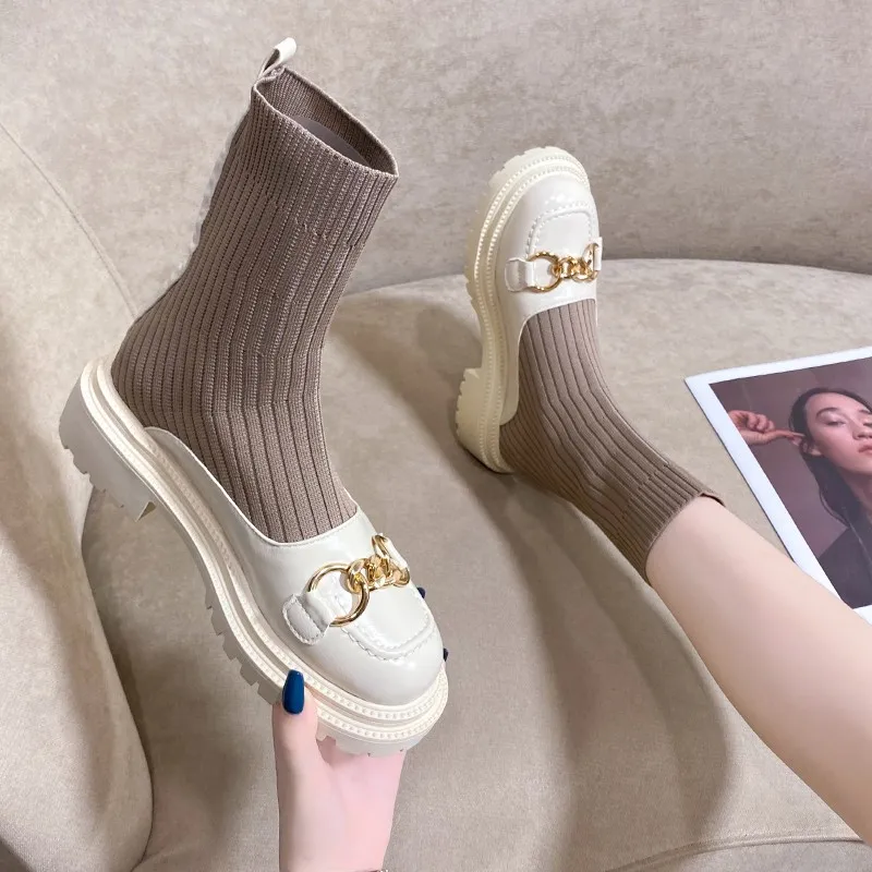 

2022Metal Chain Fashion PU Leather Knitting Patchwork Shoes Anti Slip Platform Shoes Womens Shoes Shoes Women Boots