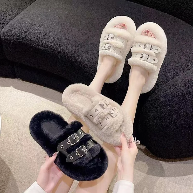 Winter Fur Slippers Autumn Gothic Belt Buckle Platform Slides Flat Heel Plush Warm Home Slippers Women Soft Rabbit Hair Slippers