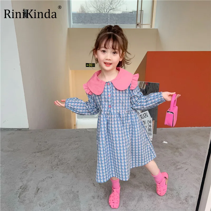 

RiniKinda Girl Dress 2022 Summer New Korean Girl Doll Collar Lapel Dress Full Print Ruffles Children's Bubble Sleeve Dress